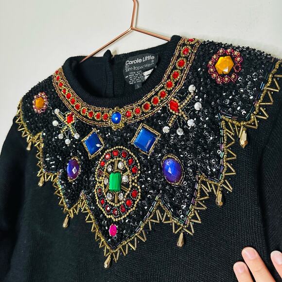 CAROLE LITTLE Vintage Jewel Embroidered 100% Black Wool Sweater Size Large - Picture 4 of 11